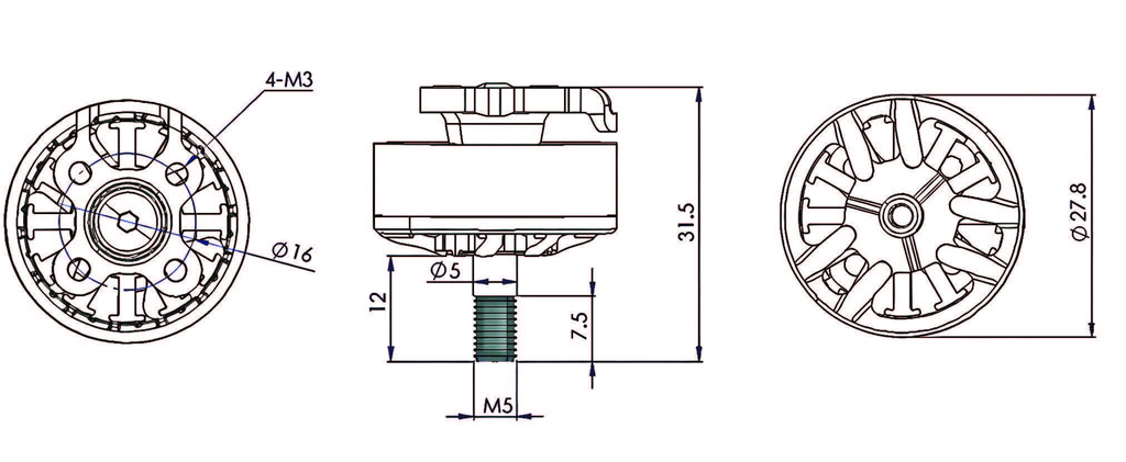 BLDC Motors 2307 BLDC drone motor engineering drawing with dimensions, 5 mm shaft