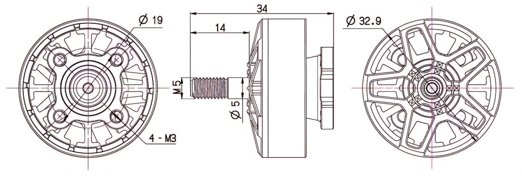 BLDC Motors 2807 BLDC drone motor engineering drawing with dimensions, 5 mm shaft
