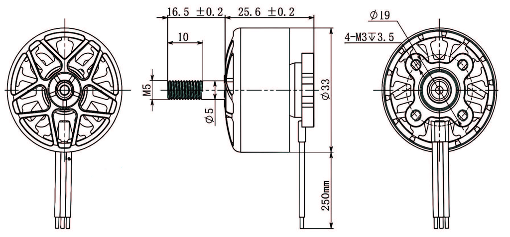 BLDC Motors 2812 BLDC drone motor engineering drawing with dimensions, 5 mm shaft